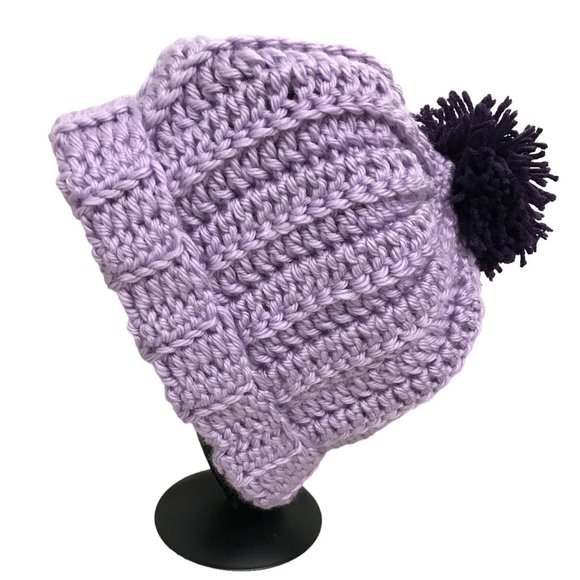 Beanie Chunky Purple with Pom Pom Adult Size Brand New Handmade Crochet - Picture 2 of 5